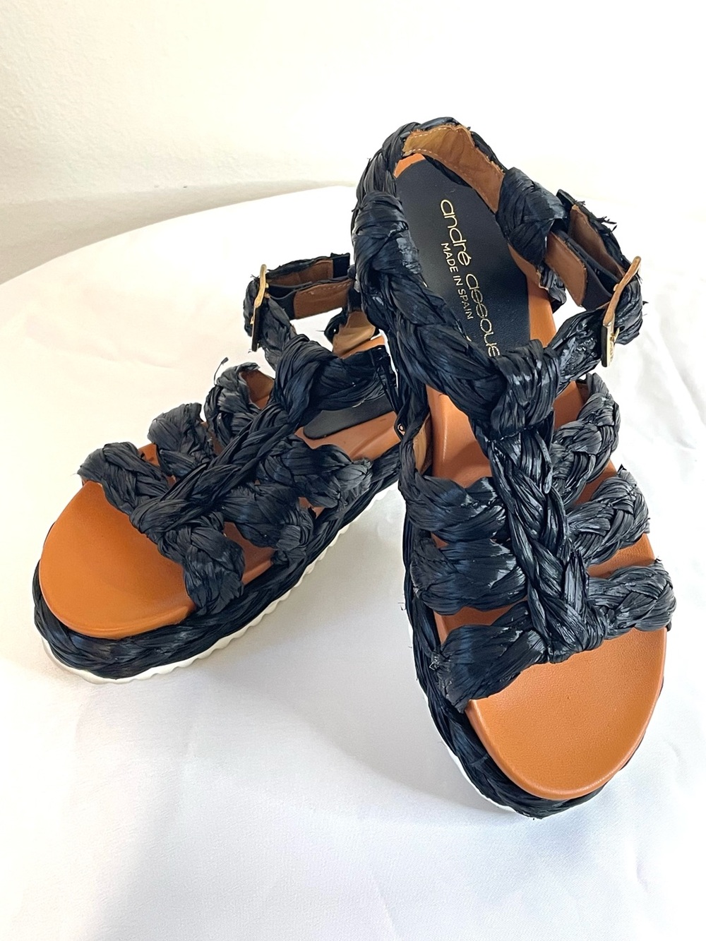 André Assous Black Braided Raffia Platform Sandals, Made in Spain - EU 37